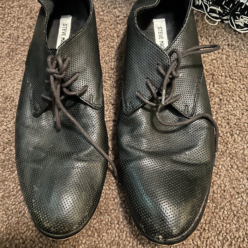Steve Madden P-Quikly Black Leather Perforated Derby Shoes | Men’s 11.5